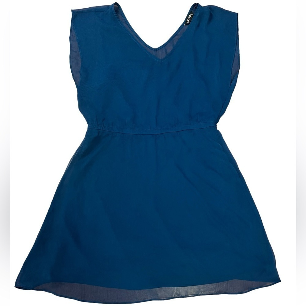 Express Teal Blue Sheer Crepe Overlay Relaxed Fit V-Neck Sz XS